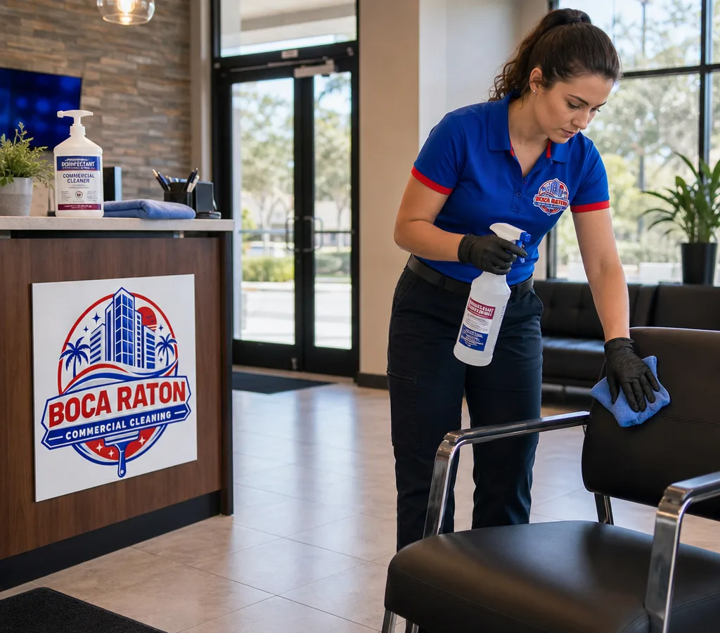 Technician disinfecting high-touch points in a modern commercial interior