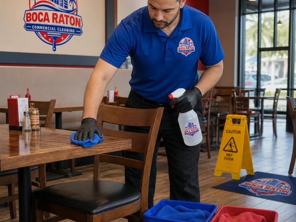 Cleaner sanitizing restaurant tables and chair backs with separated microfiber cloth bins
